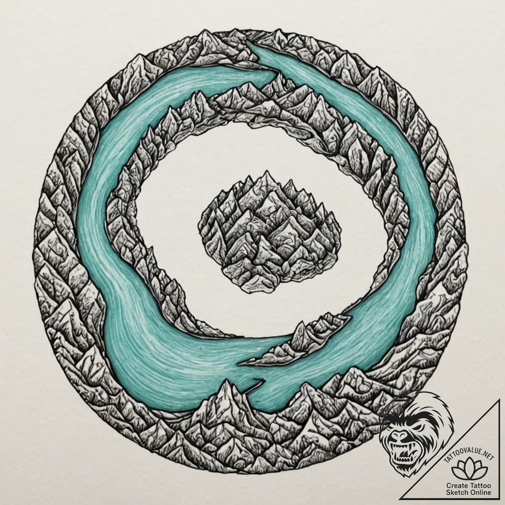 An aerial drone shot of a vibrant turquoise r... - tattoo sketch (№1752688740_0, 16.07.2025 17:59) — tattoovalue.net