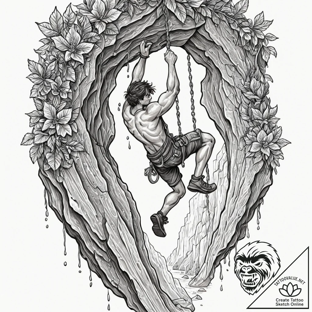 A rock climber hanging from a sheer cliff fac... - tattoo sketch (№1752689149_0, 16.07.2025 18:05) — tattoovalue.net