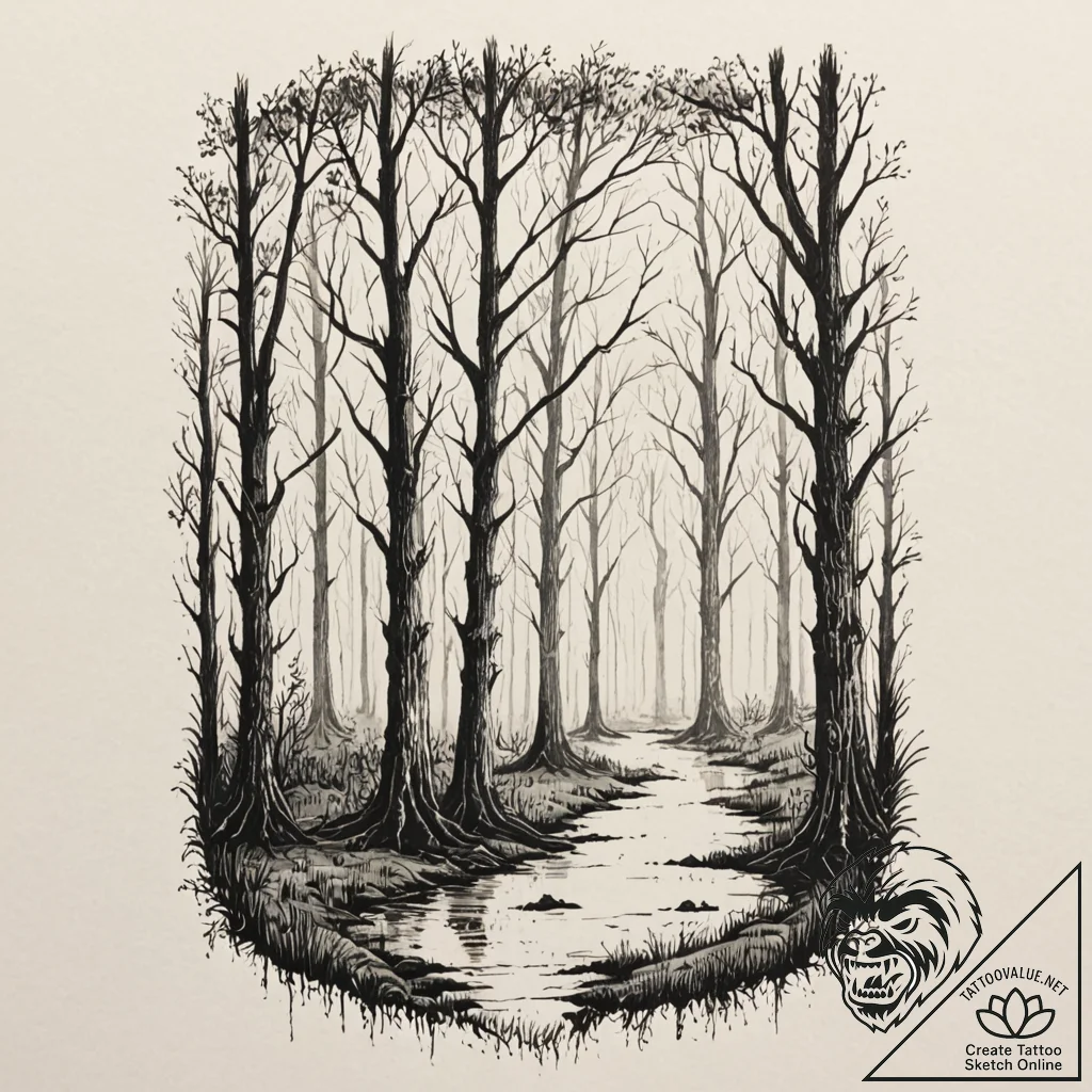 A dense, foggy swamp with spanish moss hangin... - tattoo sketch (№1752689719_0, 16.07.2025 18:15) — tattoovalue.net