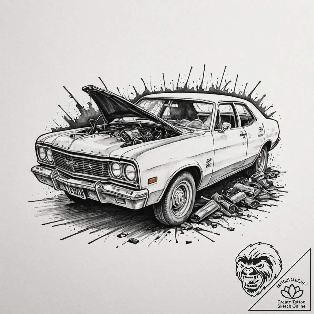 A trash polka tattoo of the car crash scene f... - tattoo sketch (№1752690127_0, 16.07.2025 18:22) — tattoovalue.net