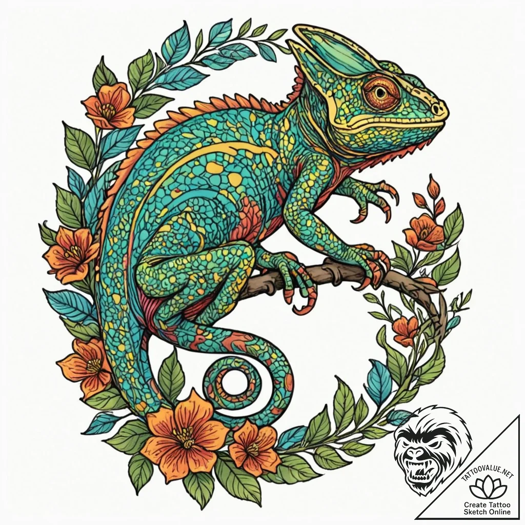 Chameleon, tattoo flash sheet design, vibrant... - tattoo sketch (№1752690372_0, 16.07.2025 18:26) — tattoovalue.net