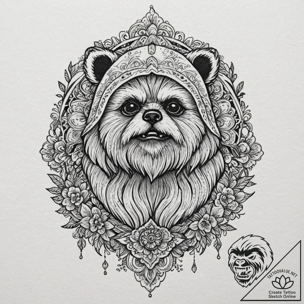 Neo-traditional tattoo of an ewok, fierce but... - tattoo sketch (№1752691269_0, 16.07.2025 18:41) — tattoovalue.net