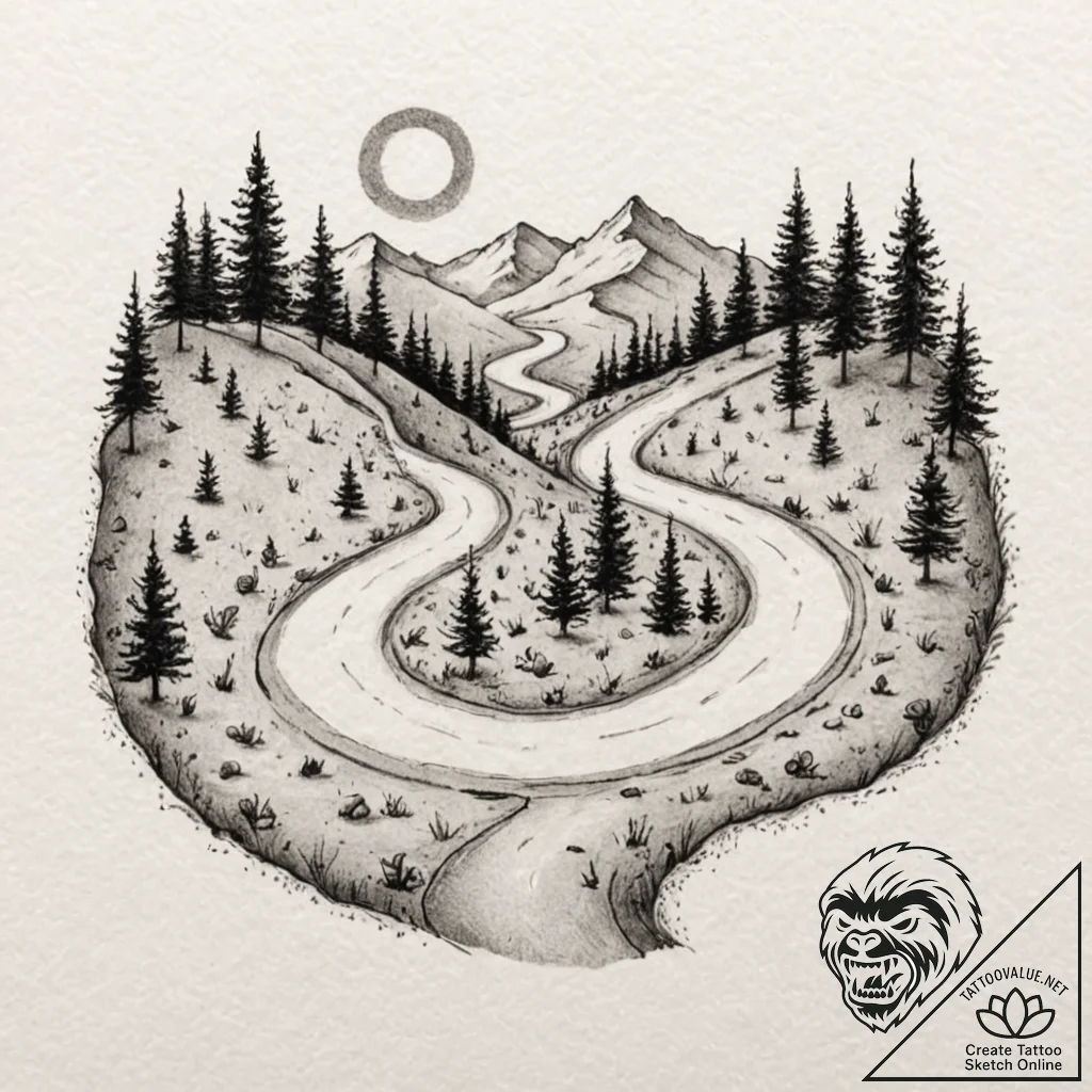 Tattoo design a winding path or road, symboli... - tattoo sketch (№1752694811_0, 16.07.2025 19:40) — tattoovalue.net