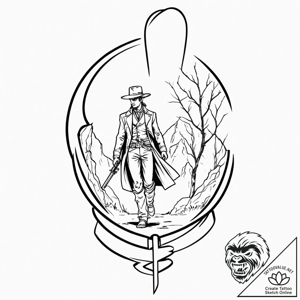 A linework tattoo of the gunslinger (roland d... - tattoo sketch (№1752694972_0, 16.07.2025 19:42) — tattoovalue.net