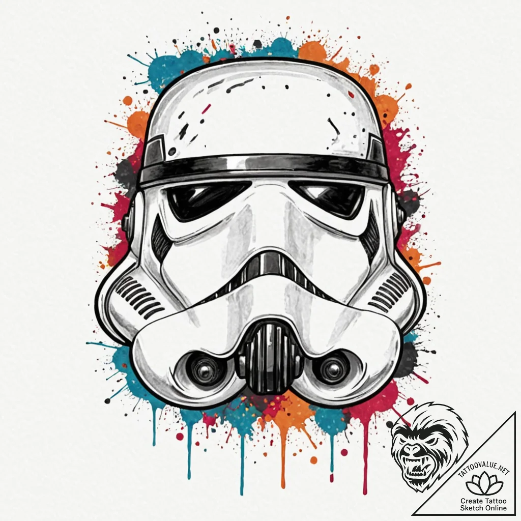 Trash polka style tattoo of a stormtrooper he... - tattoo sketch (№1752695537_0, 16.07.2025 19:52) — tattoovalue.net