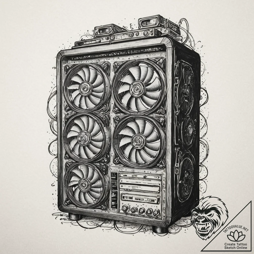 Tattoo sketch a gaming pc tower with glowing... - tattoo sketch (№1752696016_0, 16.07.2025 20:00) — tattoovalue.net