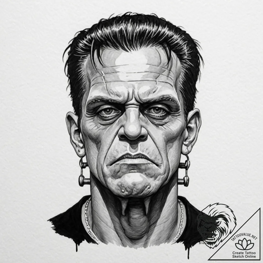 A neo-traditional tattoo portrait of frankens... - tattoo sketch (№1752697058_0, 16.07.2025 20:17) — tattoovalue.net
