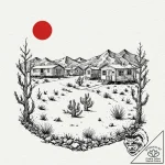 A shot of a mobile home park in the desert.,… – tattoo sketch (№1752697379_0, 16.07.2025 20:22) — tattoovalue.net