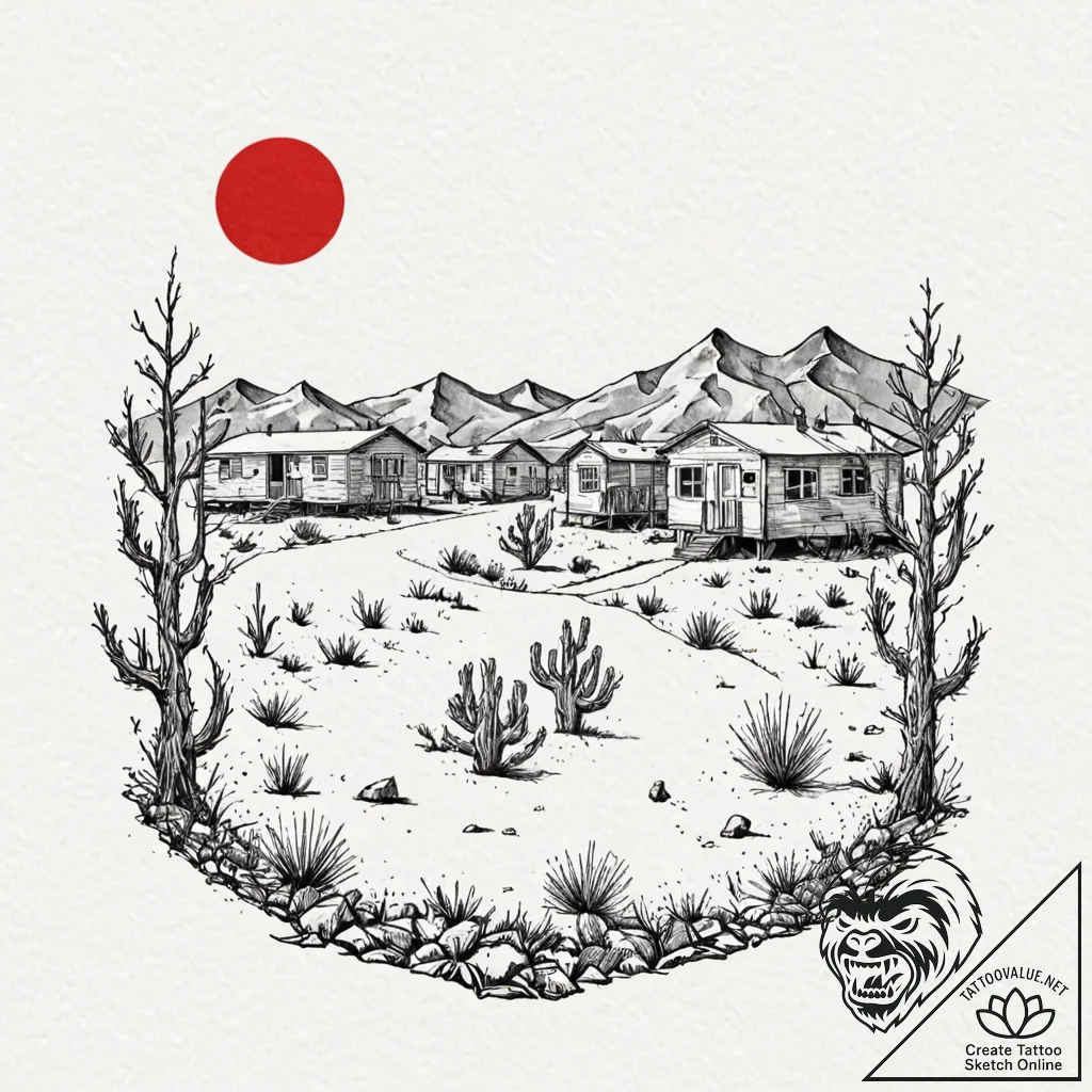 A shot of a mobile home park in the desert.,... - tattoo sketch (№1752697379_0, 16.07.2025 20:22) — tattoovalue.net