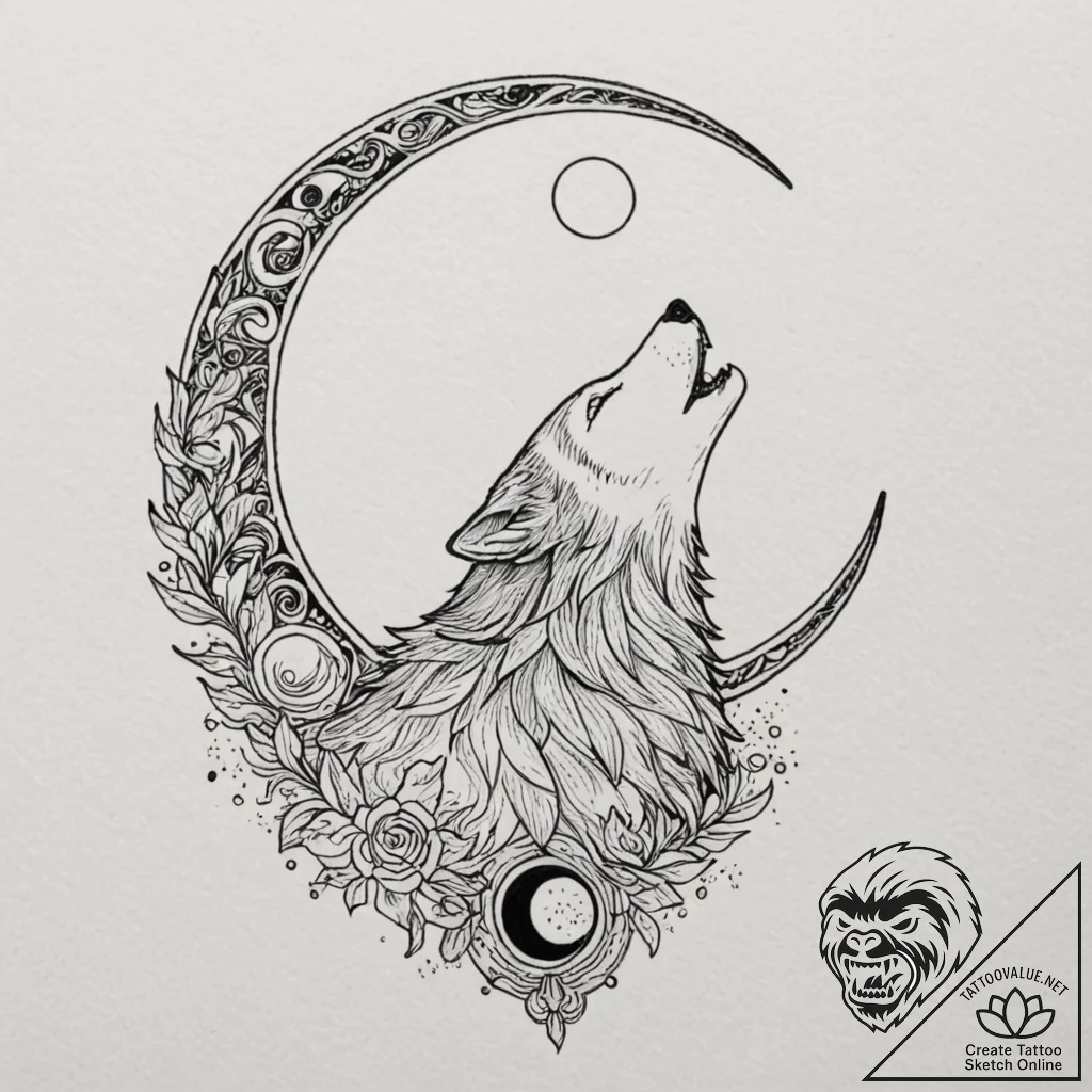 Tattoo sketch: a stylized wolf howling at a l... - tattoo sketch (№1752697540_0, 16.07.2025 20:25) — tattoovalue.net