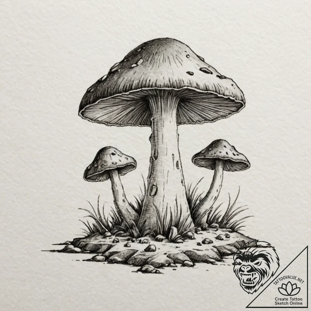 Tattoo design a single, powerful mushroom pus... - tattoo sketch (№1752697622_0, 16.07.2025 20:27) — tattoovalue.net