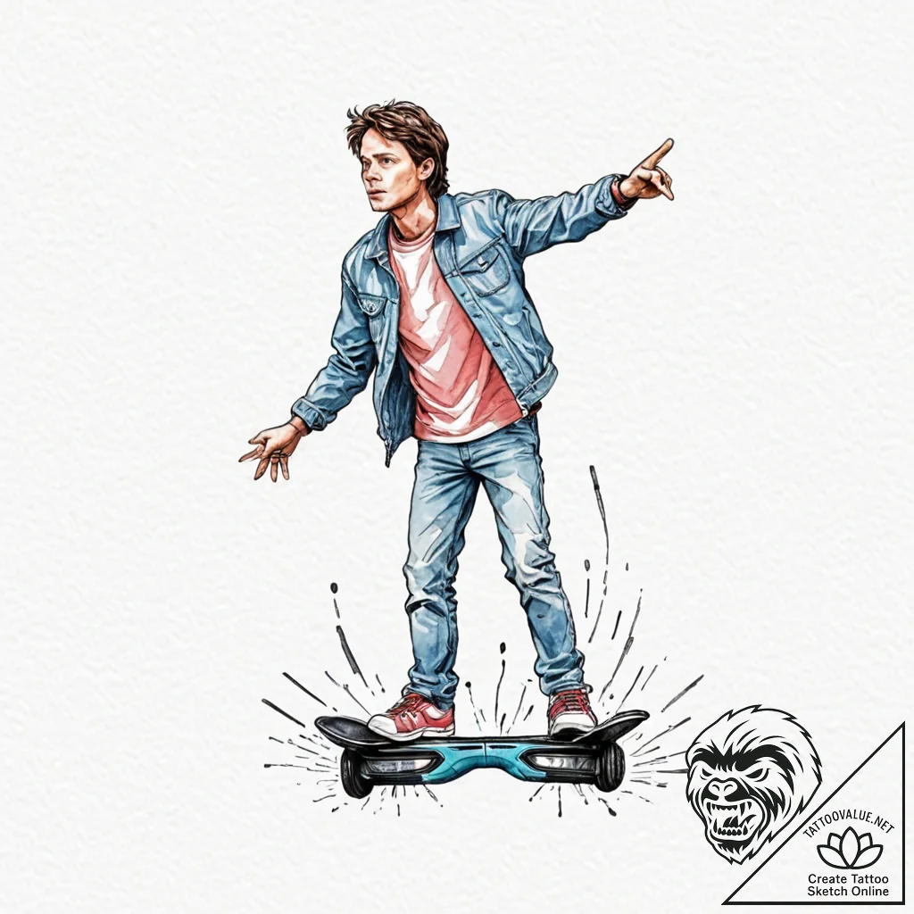 A watercolor sketch of marty mcfly on the hov... - tattoo sketch (№1752699652_0, 16.07.2025 21:00) — tattoovalue.net