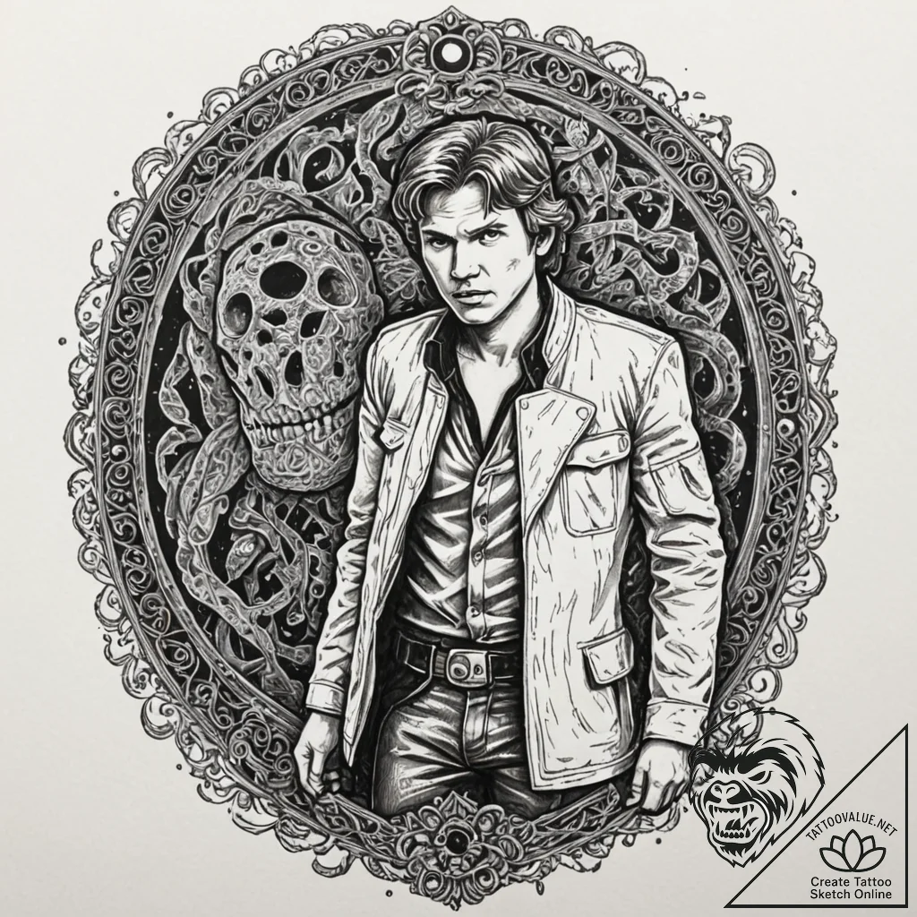 A trash polka tattoo of han solo frozen in ca... - tattoo sketch (№1752700431_0, 16.07.2025 21:13) — tattoovalue.net