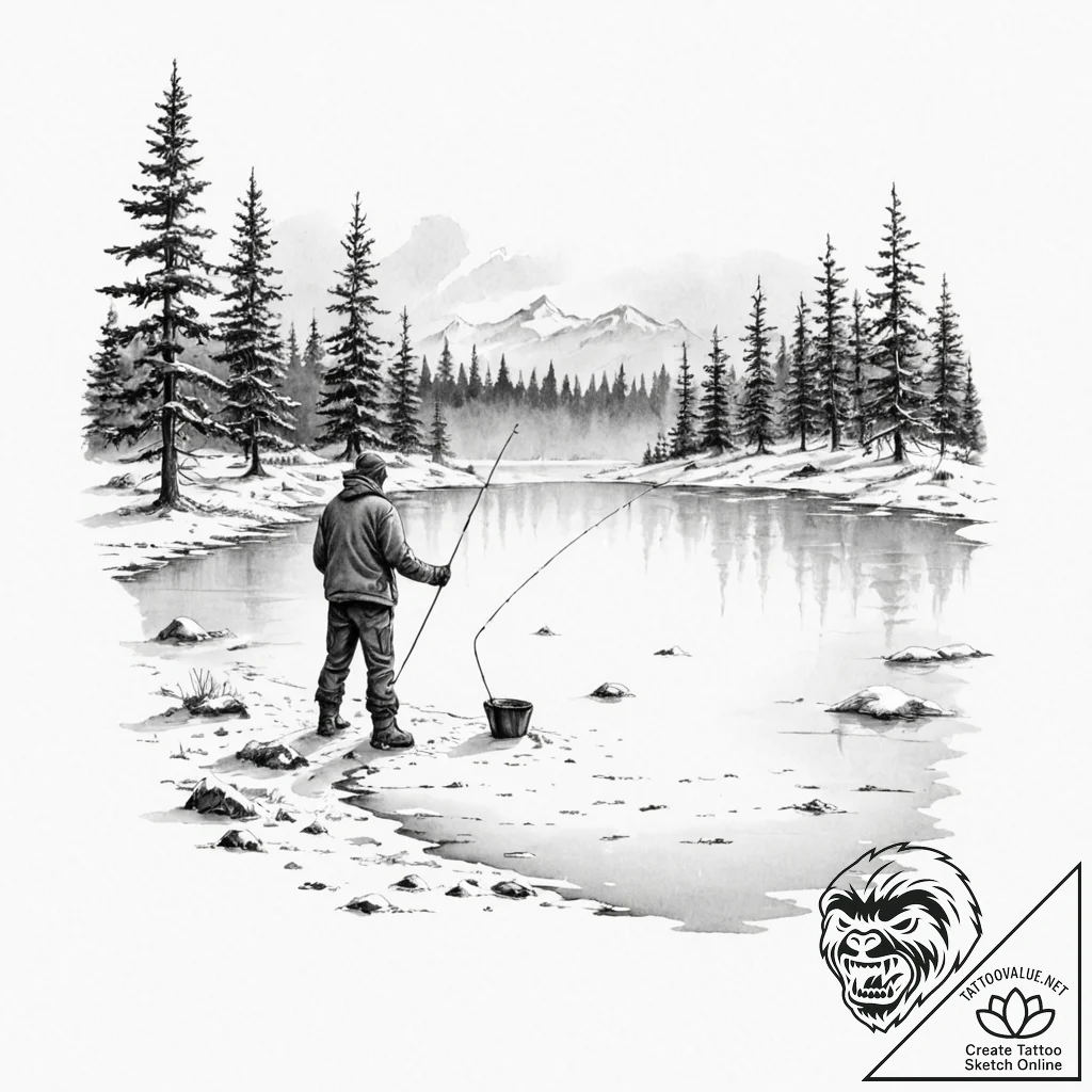 A person ice fishing on a vast, frozen lake.,... - tattoo sketch (№1752700667_0, 16.07.2025 21:17) — tattoovalue.net