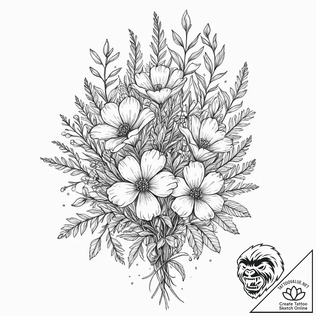 Tattoo sketch a bouquet of wildflowers, varie... - tattoo sketch (№1752701909_0, 16.07.2025 21:38) — tattoovalue.net