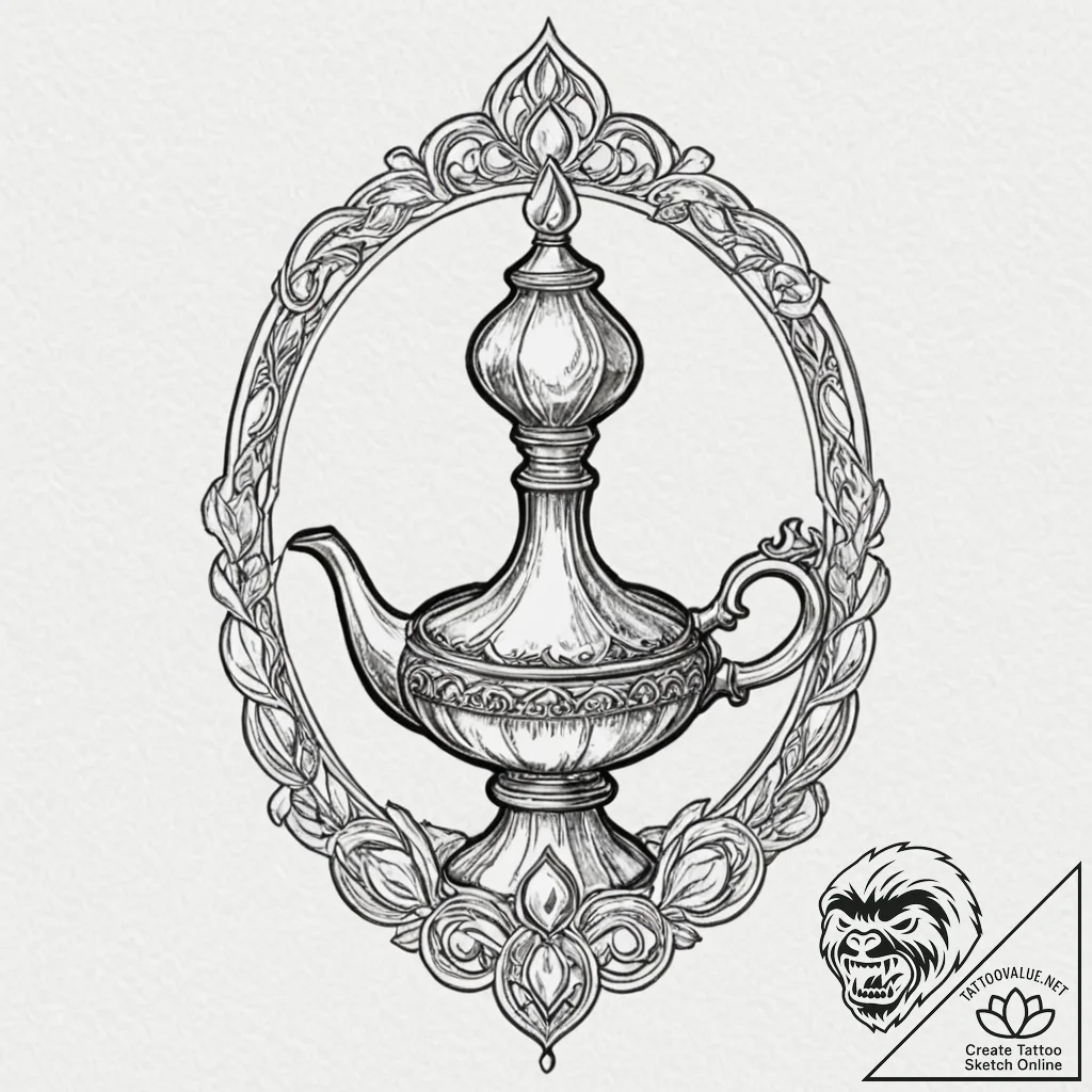 A minimalist tattoo of the magic lamp from al... - tattoo sketch (№1752703311_0, 16.07.2025 22:01) — tattoovalue.net