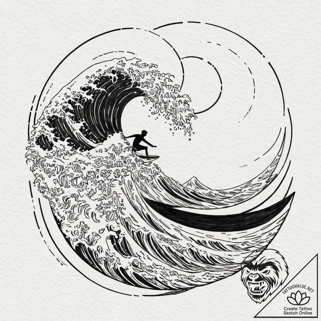 A surfer riding a massive, curling wave., con... - tattoo sketch (№1752703389_0, 16.07.2025 22:03) — tattoovalue.net
