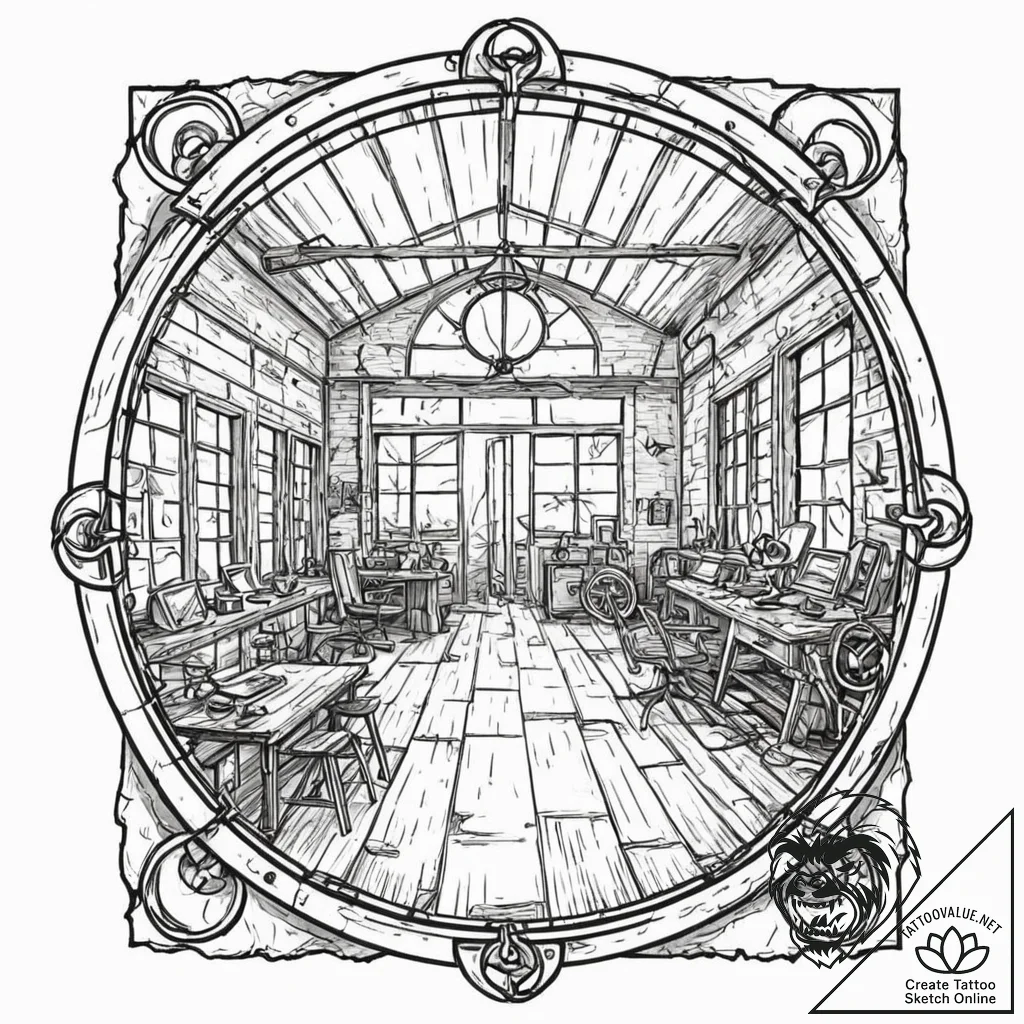 The interior of an old, abandoned factory wit... - tattoo sketch (№1752704333_0, 16.07.2025 22:18) — tattoovalue.net