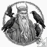 A graphic novel portrait of odin with his two… – tattoo sketch (№1752704880_0, 16.07.2025 22:28) — tattoovalue.net
