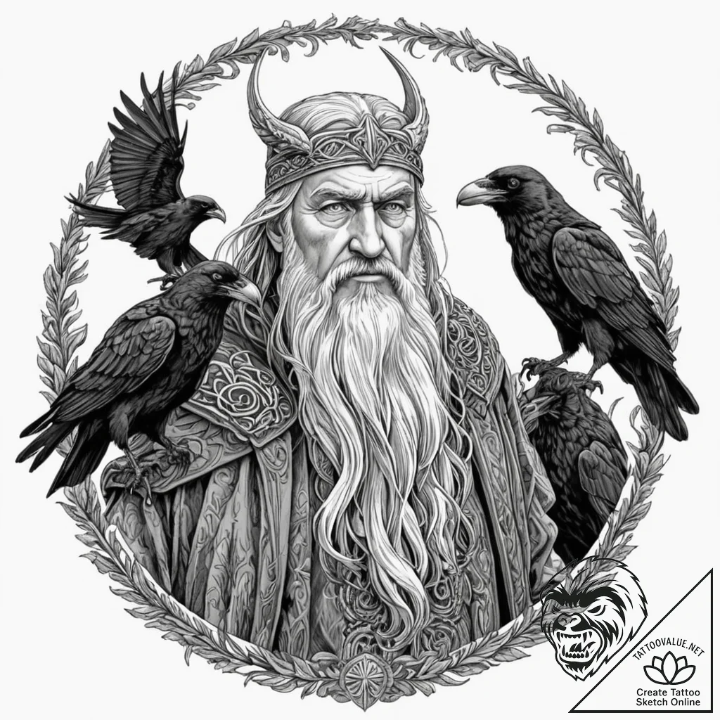 A graphic novel portrait of odin with his two... - tattoo sketch (№1752704880_0, 16.07.2025 22:28) — tattoovalue.net