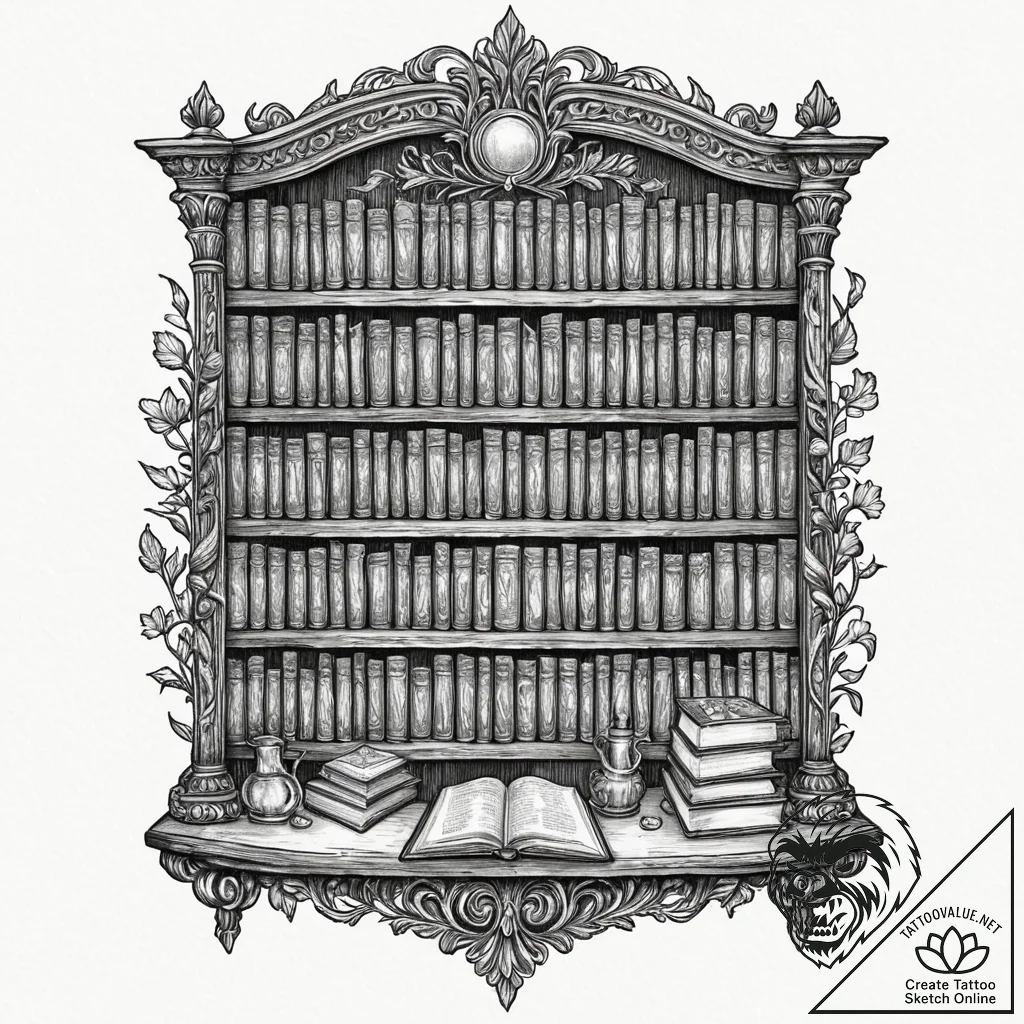Tattoo sketch a bookshelf filled with cherish... - tattoo sketch (№1752707480_0, 16.07.2025 23:11) — tattoovalue.net