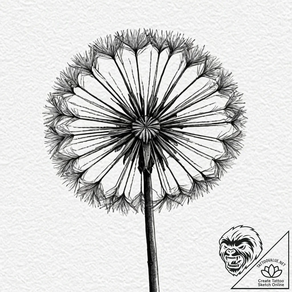 A detailed macro shot of a dandelion seed hea... - tattoo sketch (№1752707954_0, 16.07.2025 23:19) — tattoovalue.net