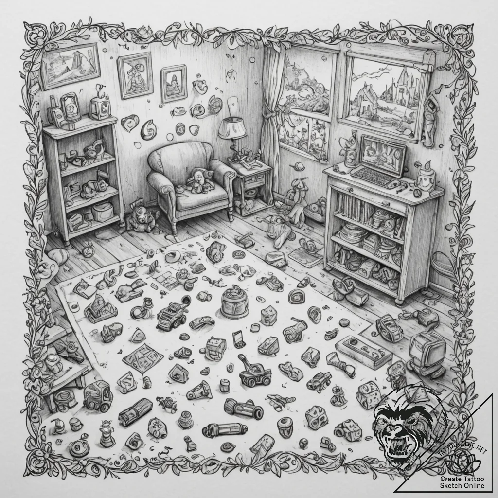 A child's messy playroom, with toys scattered... - tattoo sketch (№1752708346_0, 16.07.2025 23:25) — tattoovalue.net