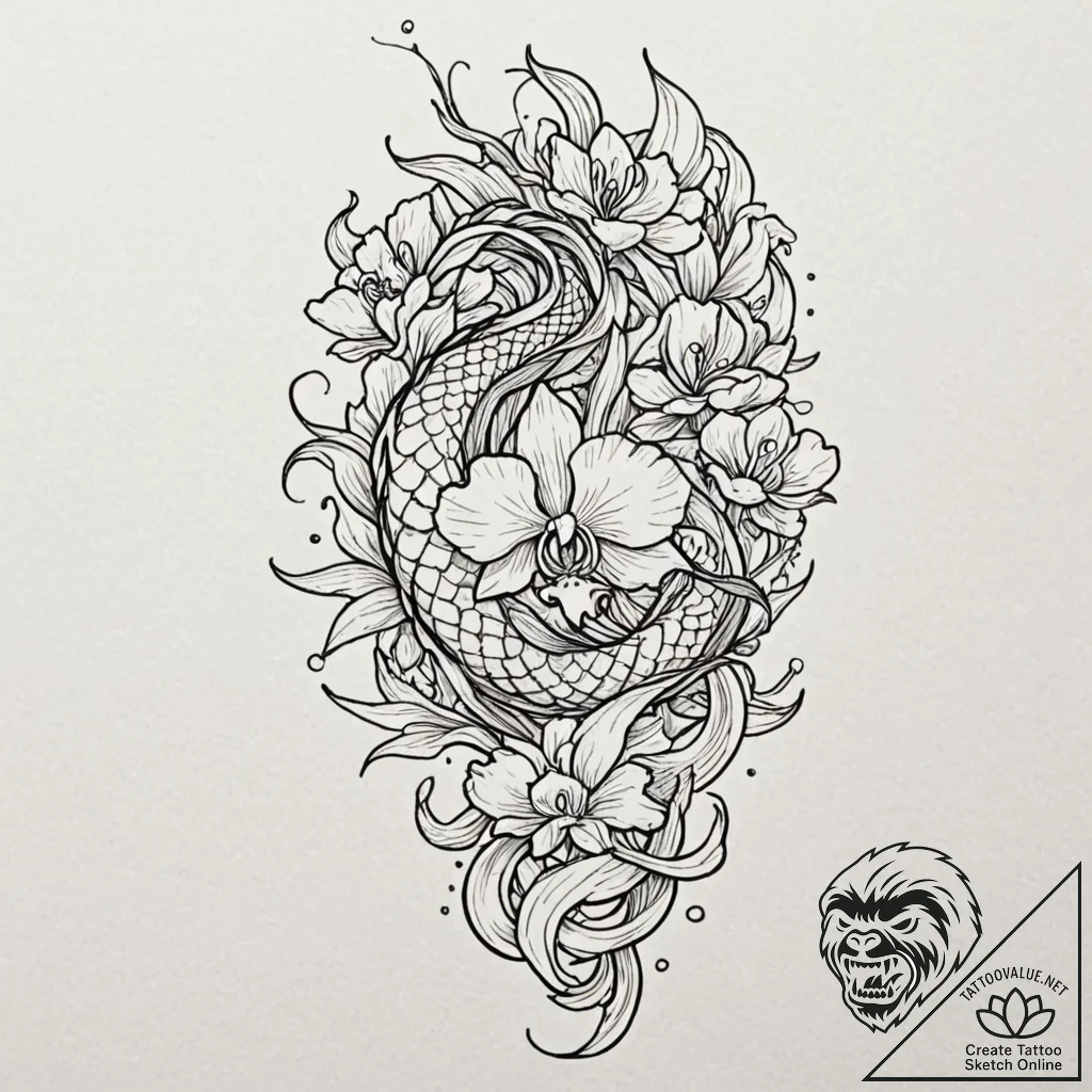 Tattoo design a single, elegant orchid, with... - tattoo sketch (№1752708740_0, 16.07.2025 23:32) — tattoovalue.net