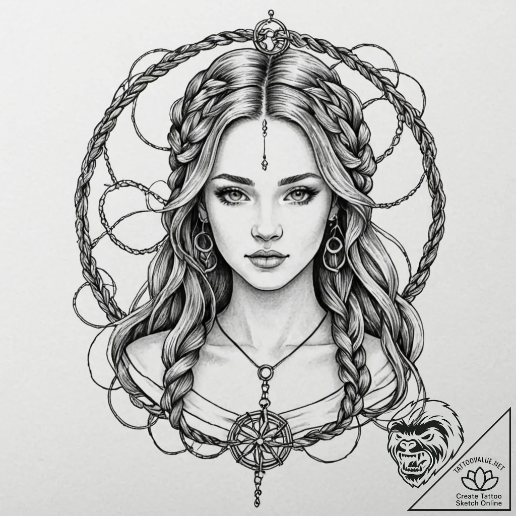 Tattoo sketch: mokosh, depicted as a serene w... - tattoo sketch (№1752708898_0, 16.07.2025 23:34) — tattoovalue.net