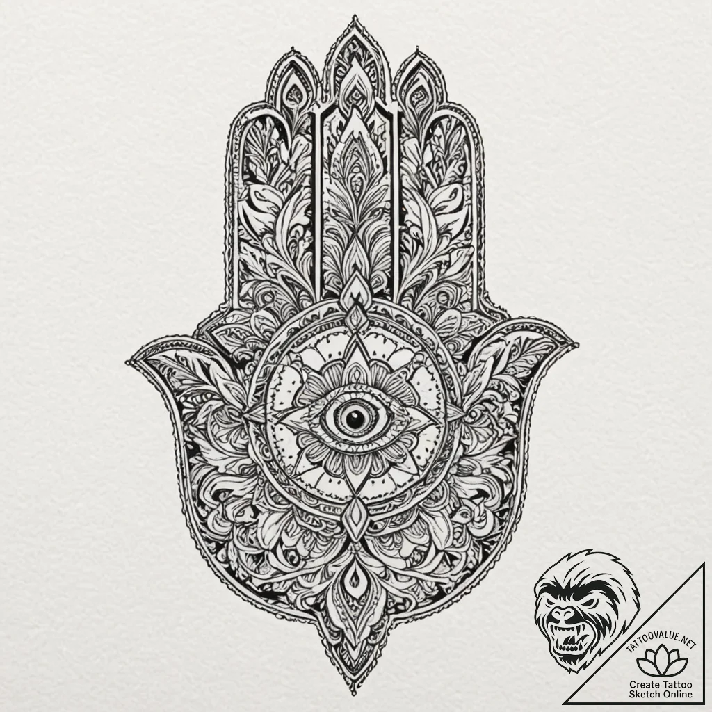 Tattoo design a hamsa hand with an added masc... - tattoo sketch (№1752709755_0, 16.07.2025 23:49) — tattoovalue.net