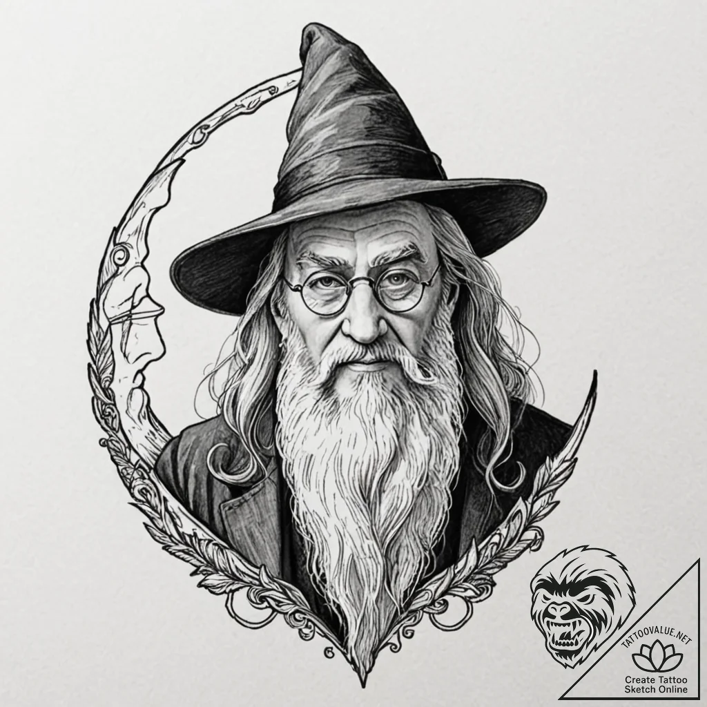 A sketch of professor dumbledore, with his ha... - tattoo sketch (№1752710302_0, 16.07.2025 23:58) — tattoovalue.net
