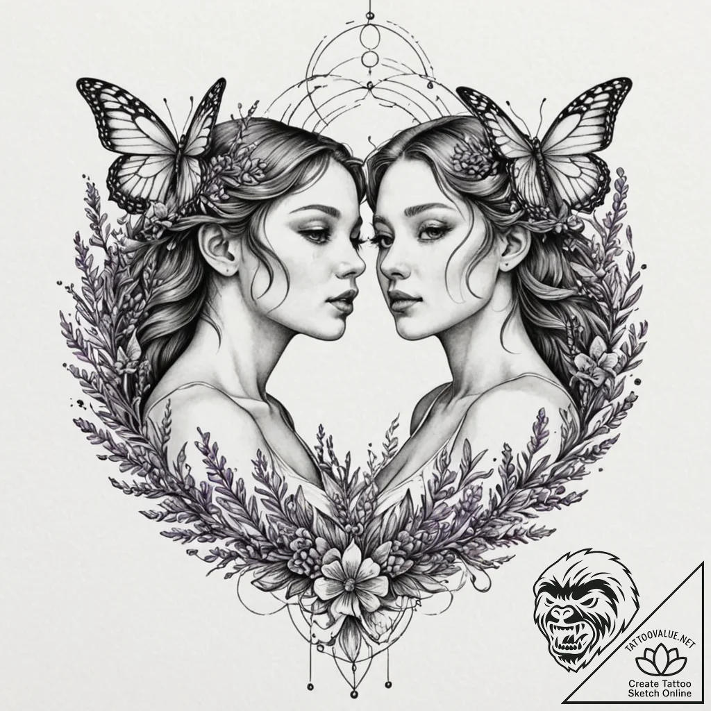 Tattoo sketch gemini twins surrounded by flow... - tattoo sketch (№1752710381_0, 16.07.2025 23:59) — tattoovalue.net