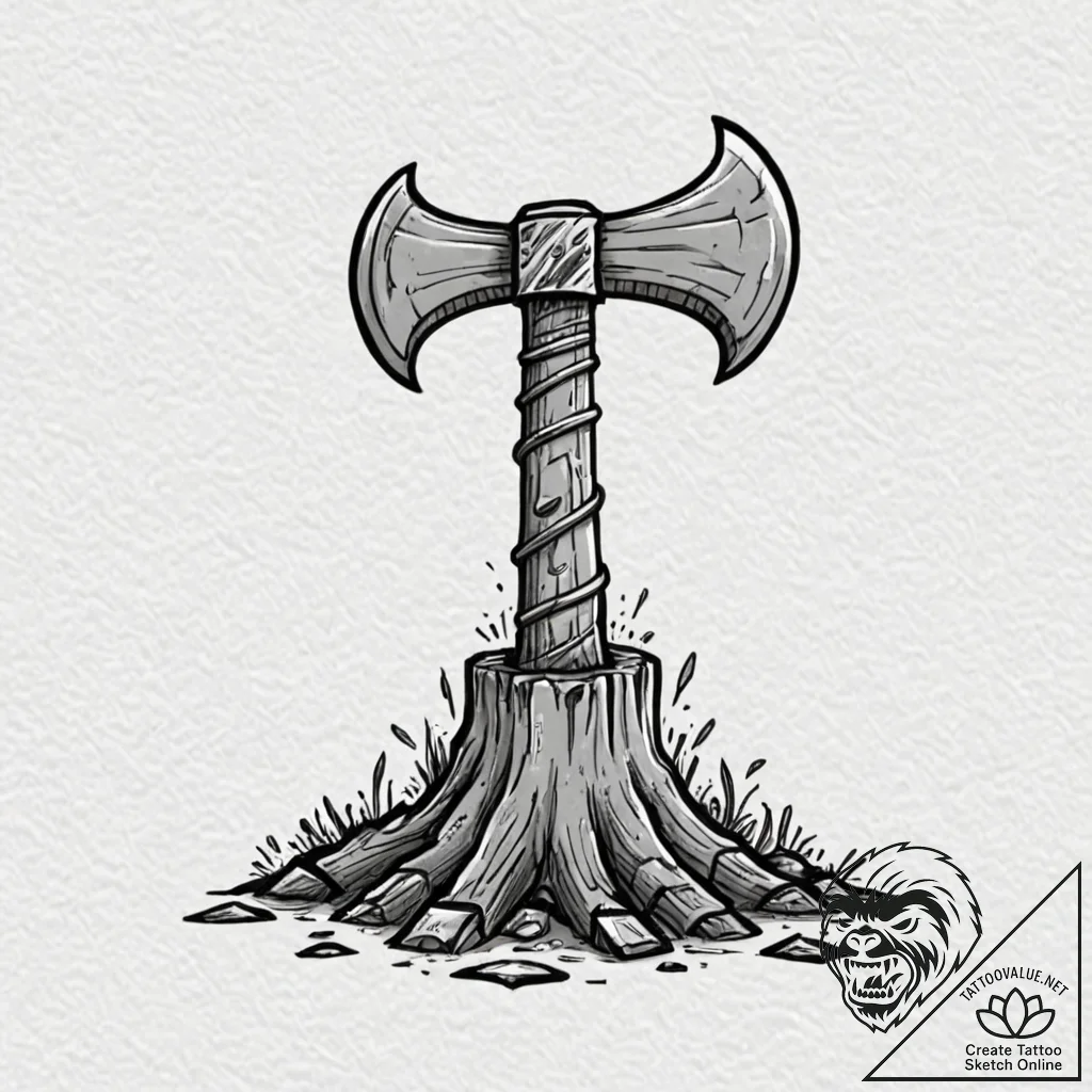 Tattoo sketch a warrior's axe embedded in a t... - tattoo sketch (№1752710460_0, 17.07.2025 00:01) — tattoovalue.net