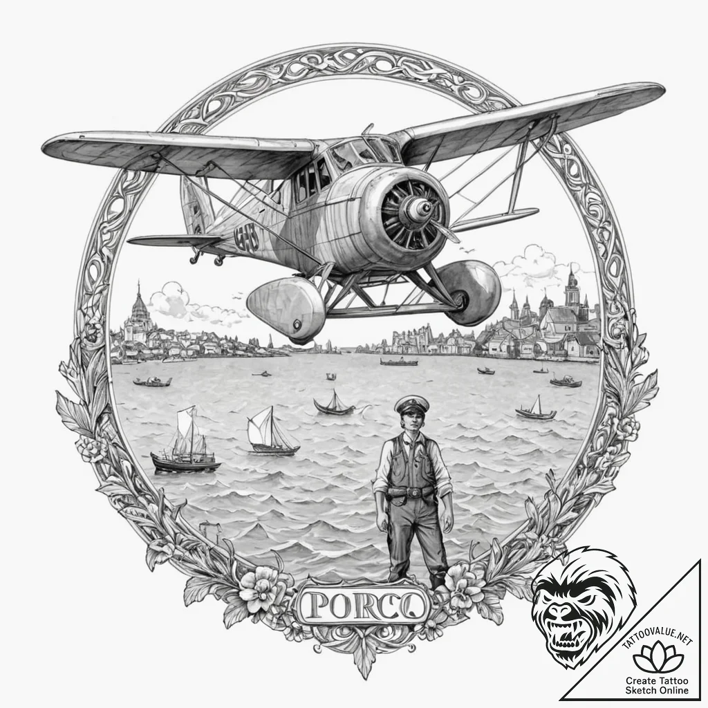 A graphic novel panel of porco rosso, the pig... - tattoo sketch (№1752710694_0, 17.07.2025 00:04) — tattoovalue.net