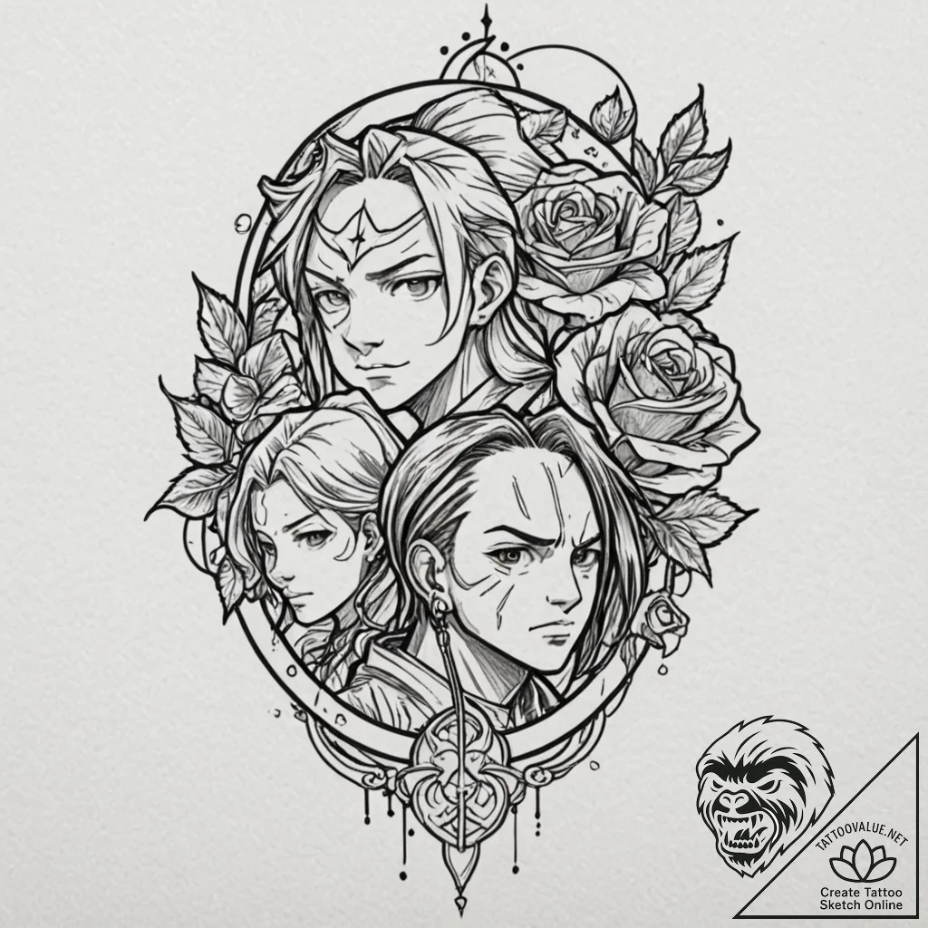 A linework tattoo of the main characters from... - tattoo sketch (№1752711240_0, 17.07.2025 00:14) — tattoovalue.net