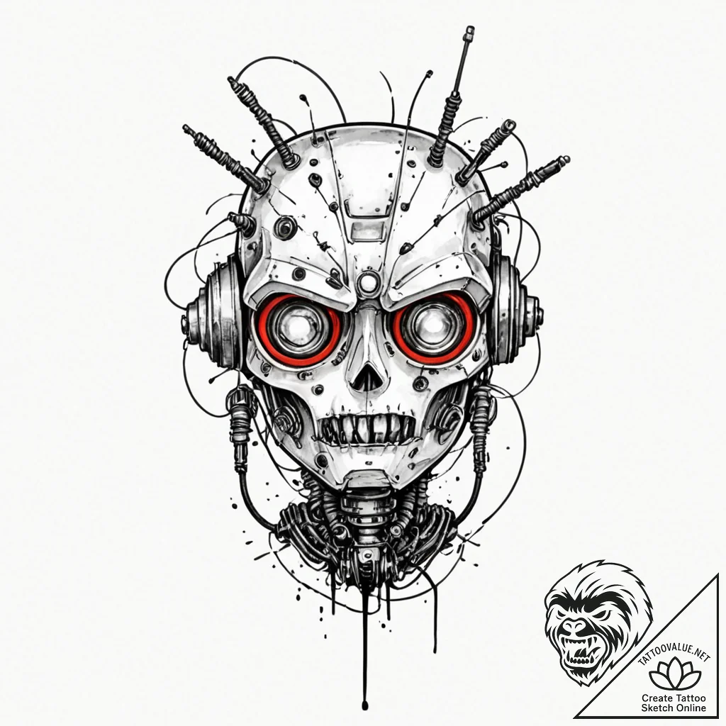 Tattoo sketch a broken robot head with wires... - tattoo sketch (№1752711317_0, 17.07.2025 00:15) — tattoovalue.net