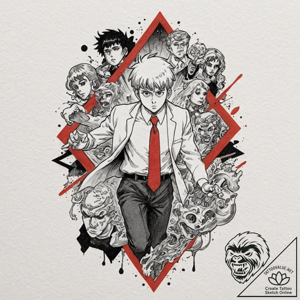 A watercolor tattoo of mob from mob psycho 10... - tattoo sketch (№1752712097_0, 17.07.2025 00:28) — tattoovalue.net