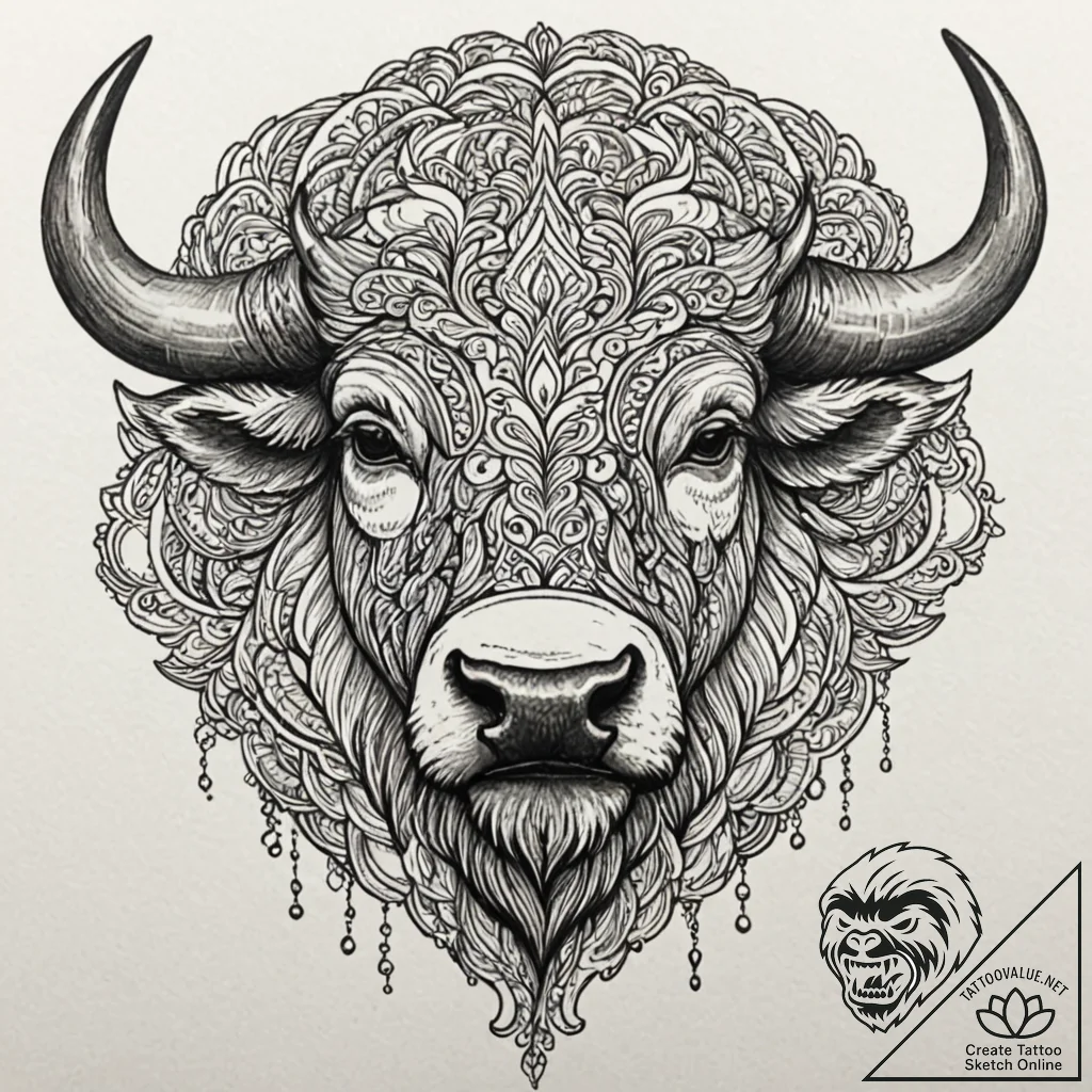 Tattoo design a powerful bison, head lowered,... - tattoo sketch (№1752712331_0, 17.07.2025 00:32) — tattoovalue.net