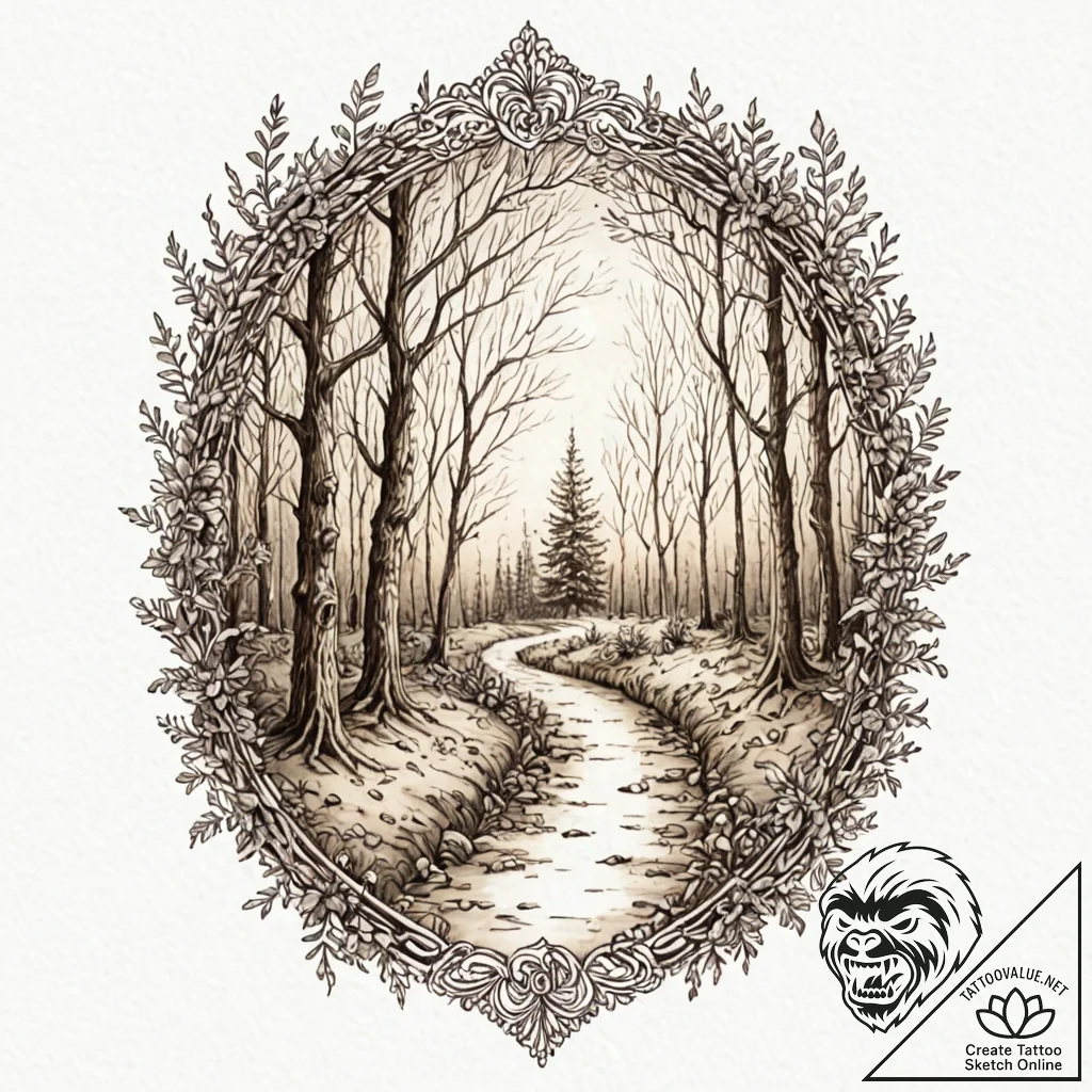 Tattoo design a tranquil forest path leading... - tattoo sketch (№1752712955_0, 17.07.2025 00:42) — tattoovalue.net