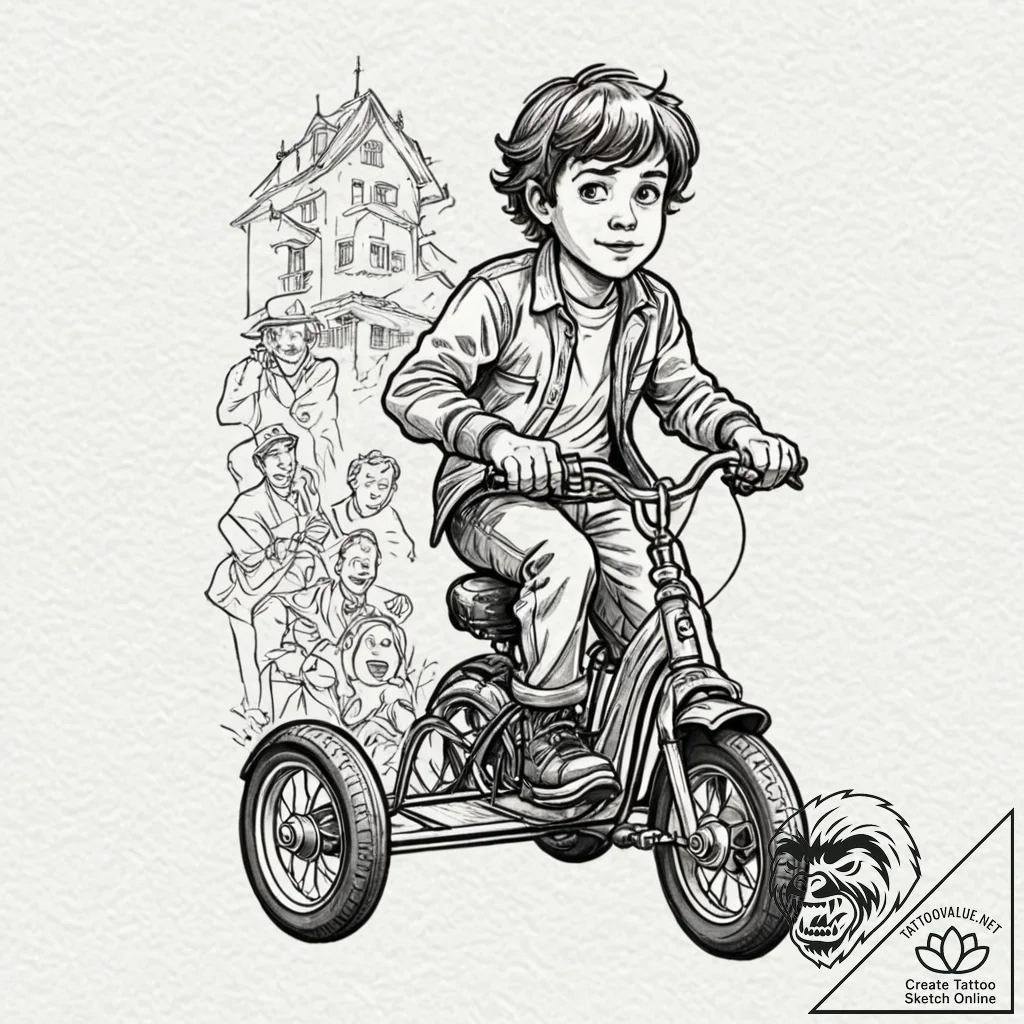 A linework tattoo of danny torrance on his tr... - tattoo sketch (№1752713738_0, 17.07.2025 00:55) — tattoovalue.net