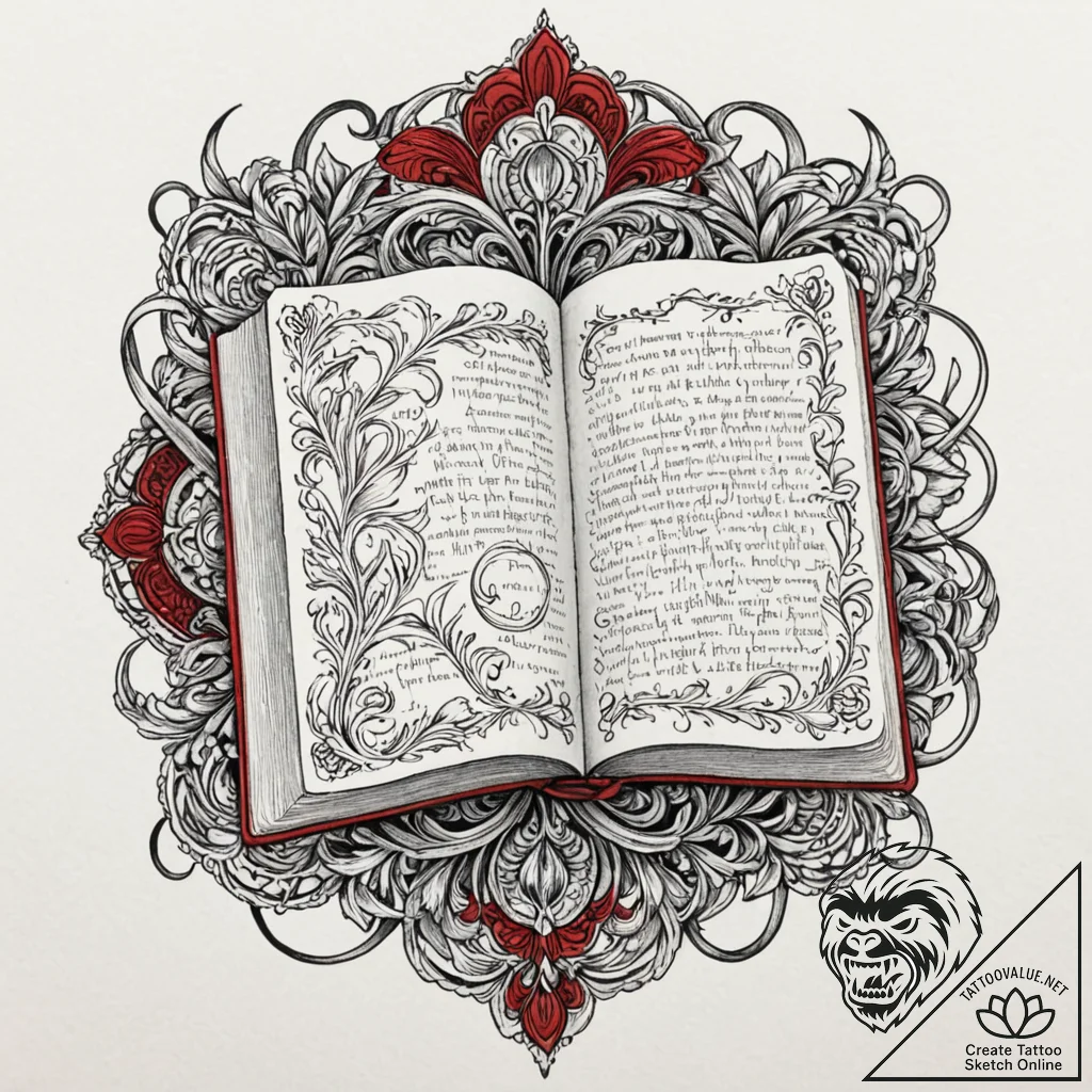 Book, tattoo line art, on a clean white paper... - tattoo sketch (№1752713979_0, 17.07.2025 00:59) — tattoovalue.net