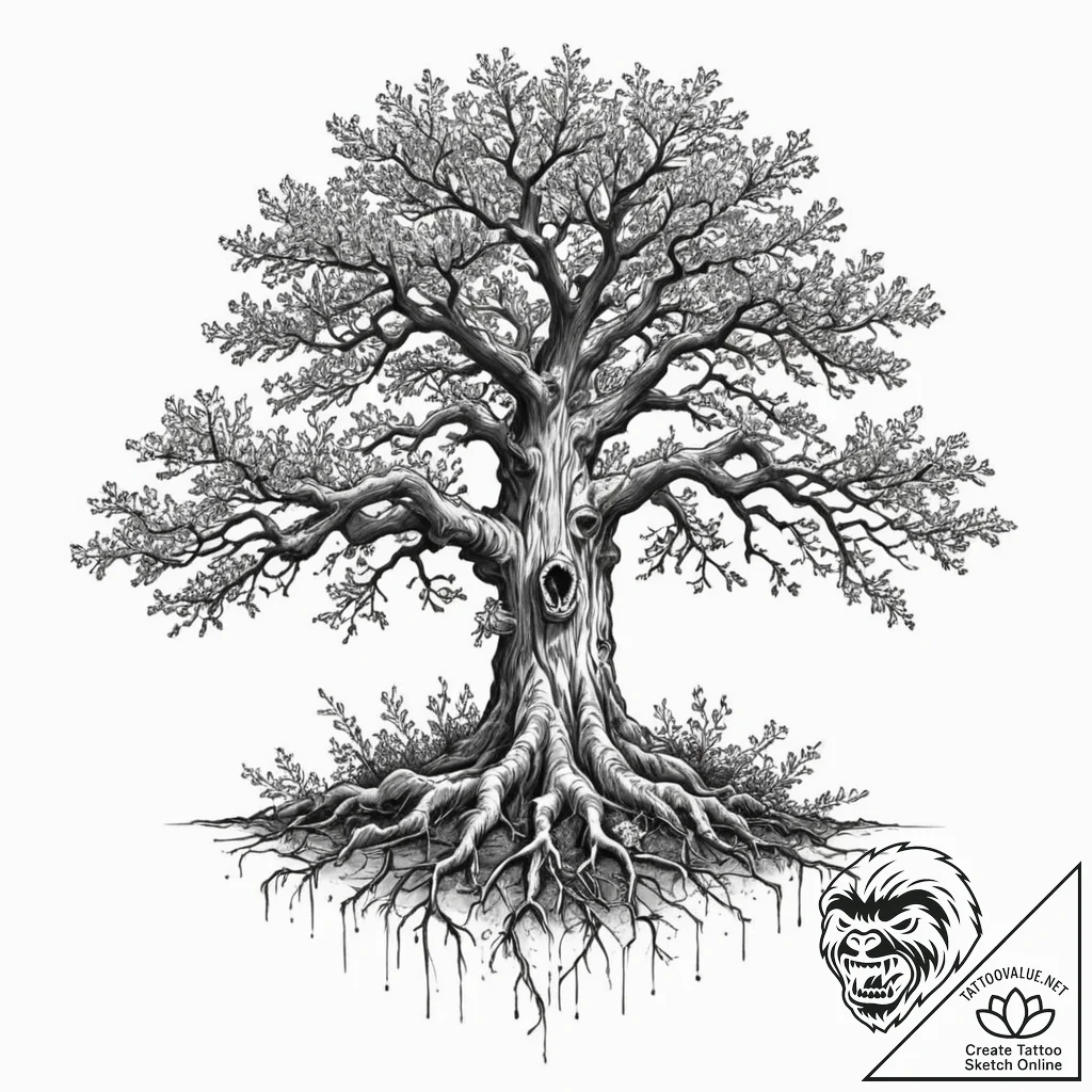 Tattoo design a powerful oak tree, its roots... - tattoo sketch (№1752714933_0, 17.07.2025 01:15) — tattoovalue.net