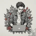 A journalist in a flak jacket, typing on a la… – tattoo sketch (№1752716043_0, 17.07.2025 01:34) — tattoovalue.net
