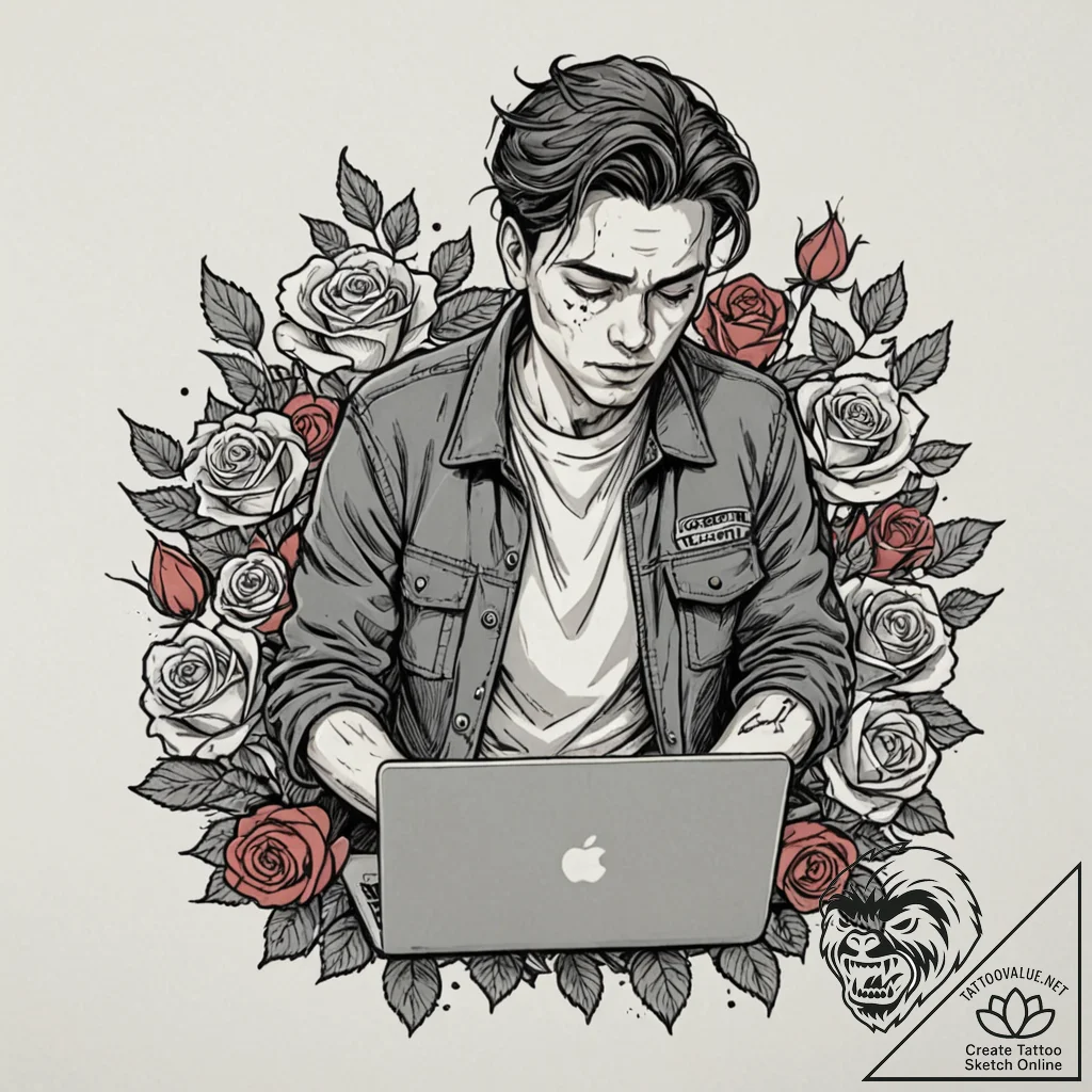 A journalist in a flak jacket, typing on a la... - tattoo sketch (№1752716043_0, 17.07.2025 01:34) — tattoovalue.net