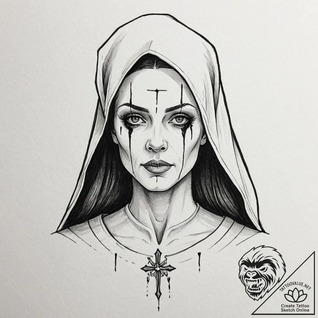 A linework tattoo of the valak demon nun from... - tattoo sketch (№1752716503_0, 17.07.2025 01:41) — tattoovalue.net