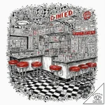 A photo of a bustling 1950s american diner wi… – tattoo sketch (№1752716891_0, 17.07.2025 01:48) — tattoovalue.net