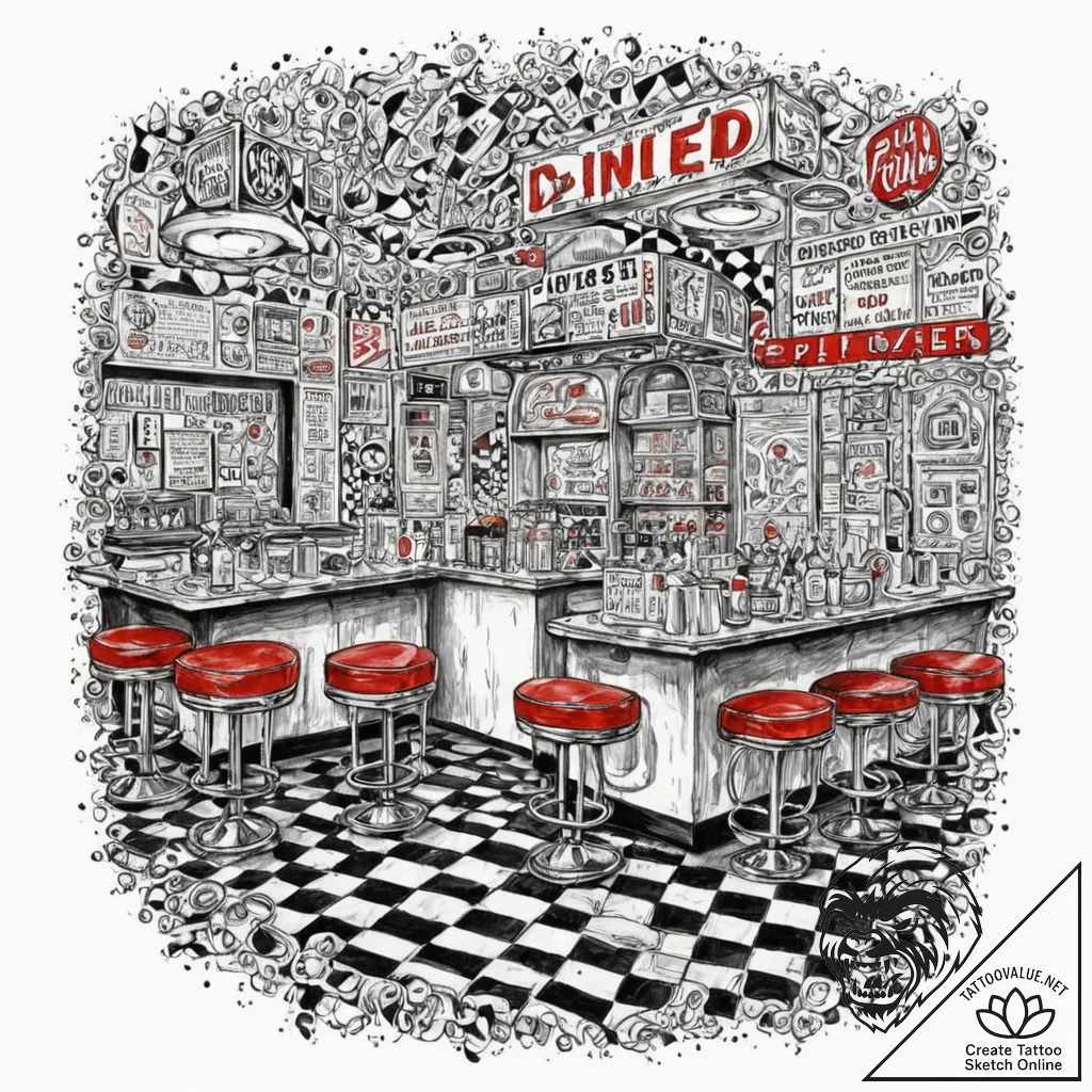 A photo of a bustling 1950s american diner wi... - tattoo sketch (№1752716891_0, 17.07.2025 01:48) — tattoovalue.net