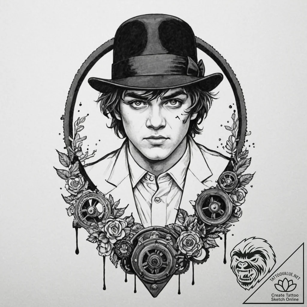 A trash polka tattoo of alex delarge from a c... - tattoo sketch (№1752719776_0, 17.07.2025 02:36) — tattoovalue.net