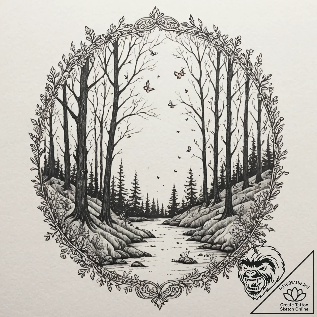 Tattoo sketch an ethereal forest scene with g... - tattoo sketch (№1752720095_0, 17.07.2025 02:41) — tattoovalue.net