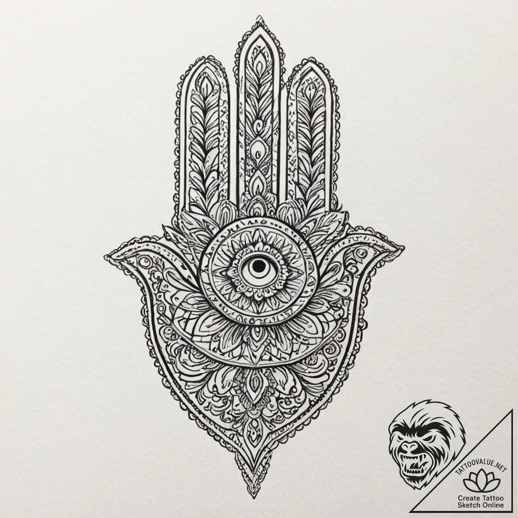 Tattoo design a hamsa hand with an added masc... - tattoo sketch (№1752725040_0, 17.07.2025 04:04) — tattoovalue.net
